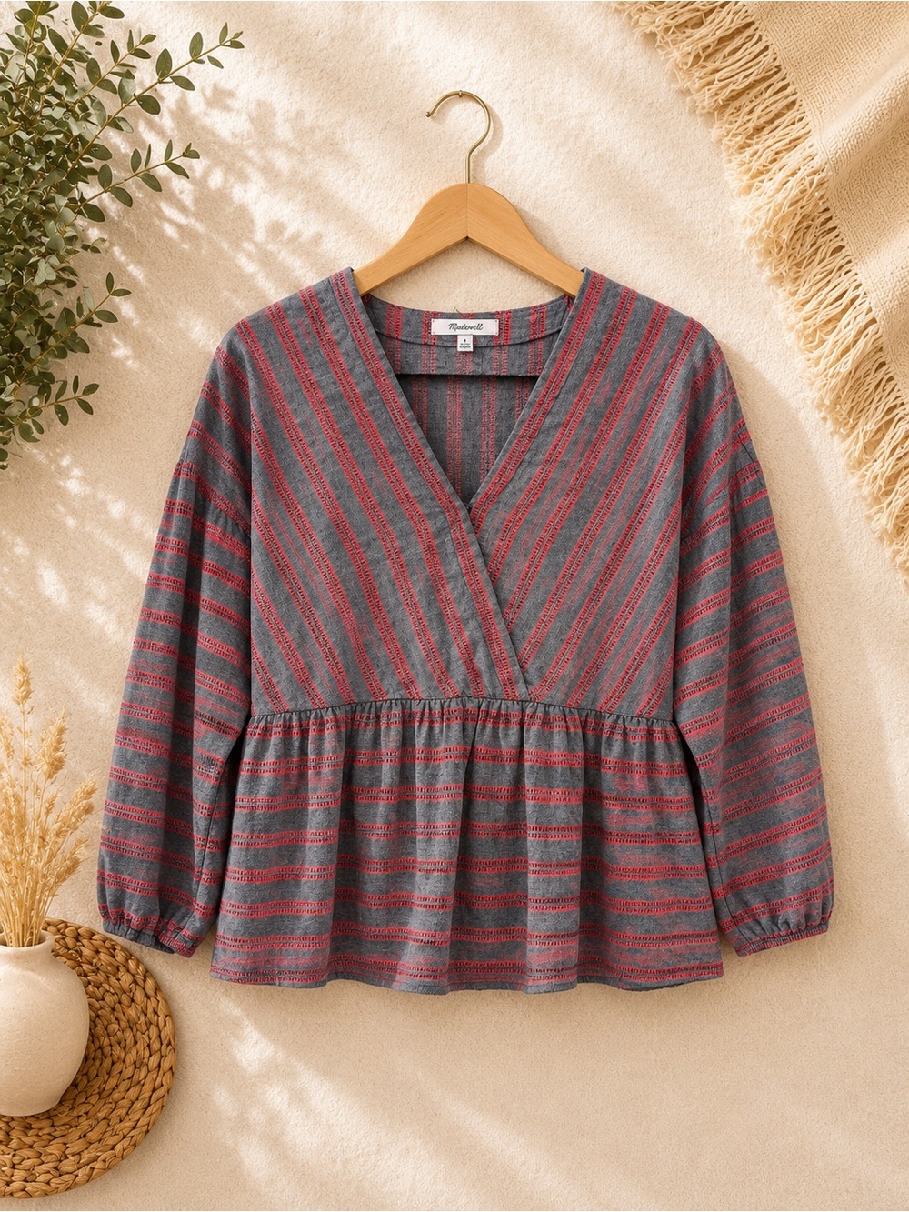Madewell Gray and Red Striped V-Neck Peplum Blouse